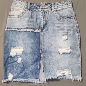 Mustard Seed Blue Distressed Pencil Skirt